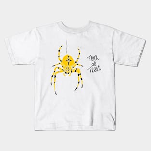 yellow spider with black stripes and trick or treat typography Kids T-Shirt